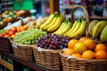 Fruits in a basket with fruits on a shelf, Generative Ai