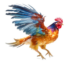 Flying rooster isolated on the transparent background PNG. Top view. AI generative.