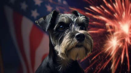 Patriotic Pooch: Minature Schnauzer Dog celebrating the Fourth of July at night with the American flag and fireworks behind.