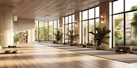Fototapeta premium AI Generated. AI Generative. Fitness sport gym exercise yoga studio room place. Healthy lifestyle training. Graphic Art
