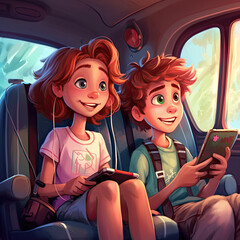 Siblings on the backseat of a car with smartphones. Disney cartoon style