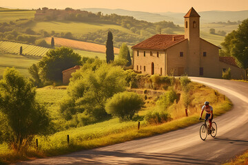 cyclist riding a charming countryside ai generated art - obrazy, fototapety, plakaty