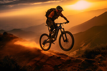 Naklejka na ściany i meble silhouette of a cyclist on a sunset background ai generated