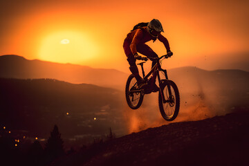 Silhouette of a man on bike jumping in the golden sunset ai generated art