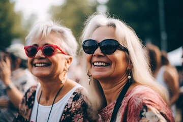Two mature woman enjoying a concert in summer