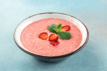 tasty strawberry smoothie in bowl. Delicious breakfast or snack, Clean eating, dieting, vegan food...