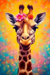 Giraffe with Flowers on a Colorful Background. Generative ai