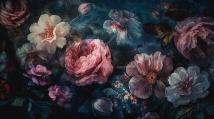 Painted flowers on dark background. Generative AI