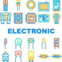 component electronic chip icons set vector. microchip circuit, hardware engineering, part processor, technology electrical component electronic chip color line illustrations