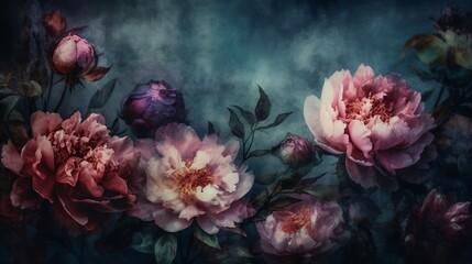 Painted flowers on dark background. Generative AI