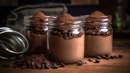 A delectable chocolate mousse dessert served in a mason jar. Generative AI
