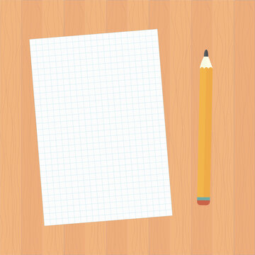 Sheet of paper on wood background with pencil hand drawn vector illustration