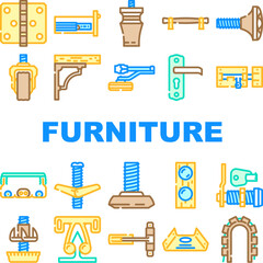 furniture fitting construction icons set vector. home house, repair carpenter, tool wood, hardware carpentry, equipment bolt furniture fitting construction color line illustrations