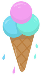 Vector illustration of ice cream in a waffle cone. Ice cream icon in a waffle cone in cartoon style, bright colors. Suitable for any web design.