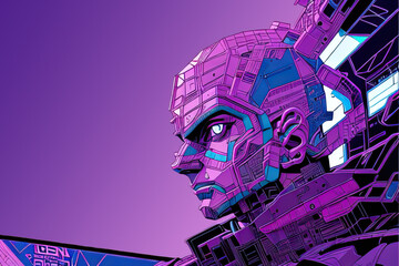 Cyberpunk. Cyborg. Futuristic Generative AI illustration in purple and pink colors. Nostalgic classic cyberpunk wallpaper in 80s retro style. Aesthetics of sci-fi drawings.