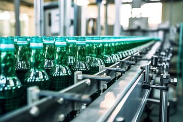 Line of beverages being bottled in plastic, Generative Ai