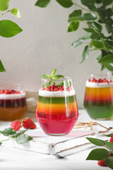 Colourful jelly with chia pudding and strawberries. 