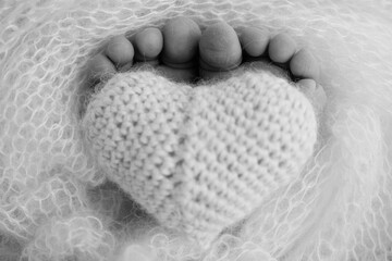 Closeup of toes, heels and feet of a newborn. Knitted heart in the legs of baby. Black and white.