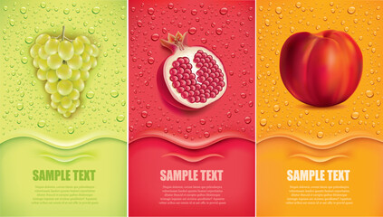 Drinks and juice background with drops and grape, pomegranate, peach	