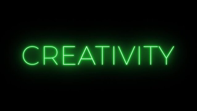 Flickering neon green glowing creativity sign animated black background.