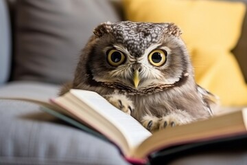 An owl reading a book on a sofa, learning and knowledge, Generative Ai