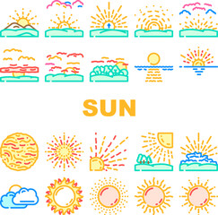 sun summer sunlight light icons set vector. sunshine element, sunrise weather, sunny heat, hot bright, shine warm, nature sun summer sunlight light color line illustrations