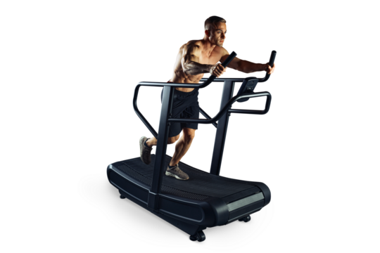 Male athlete workout on running exercise machine full length isolated transparent PNG photo