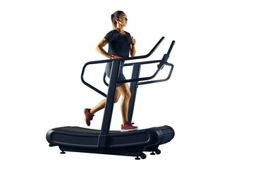 Full length of a fitness sporty woman running on a treadmill PNG transparent photo. Young female...