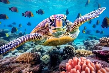 Fototapeta na wymiar A turtle swimming with a group of colorful fish in an underwater scene, Generative Ai