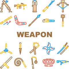 weapon war gun military icons set vector. army knife, pistol sign, battle rifle, silhouette steel, game automatic crime danger weapon war gun military color line illustrations