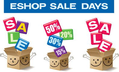 Cartoon of open happy smiling paper box. Shopping discount concept. Template for shopping days