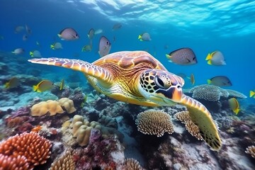 Obraz na płótnie Canvas A turtle swimming with a group of colorful fish in an underwater scene, Generative Ai