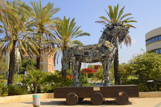 Israel. Tel Aviv June 7, 2023. Art objects on the territory of Tel Aviv University. Modern scultures, tropical trees.