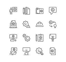 Set of engineering related icons, tech presentation, communication, machinery, idea, repair and linear variety vectors.