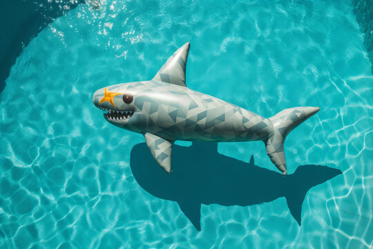 Inflatable shark swimming pool float. Summer vacation. Generative ai