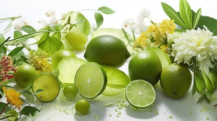 Many fresh lemon and lime fruit with green leaves and flower. Fruits backdrop. Generative AI. Illustration for cover, card, postcard, brochure, advertising or presentation.