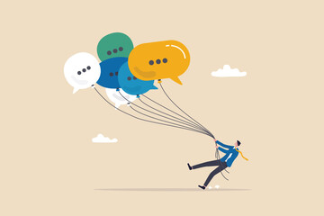 Communication management, PR public relation, handle public comment or social criticism, meeting summary or discussion talk, conversation or dialog concept, businessman manage speech bubble balloons. - obrazy, fototapety, plakaty