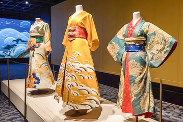 Japanese kimono costumes. Exhibition of Japanese costumes Generative AI