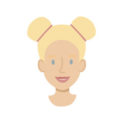 Girl face flat. Friendly young woman with blond hair in two buns. Hand drawn vector illustration.