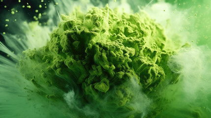 Abstract background with a splash of powder. An explosion of green powder on a dark one. Multicolored cloud. Explosion of multicolored dust. Holi colors.