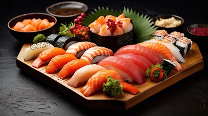  Fresh and delicious salmon sushi on a plate.generated with AI. - obrazy, fototapety, plakaty