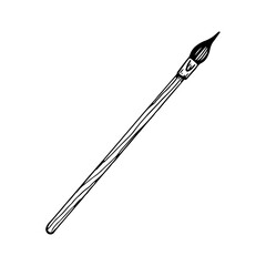Paint brush sketch. Artist tool brush on wooden handle line art. Hand drawn doodle vector illustration.