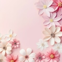 Fototapeta na wymiar Mother's day, womens's day background, pink and white flowers , flat lay, pink pastel background.