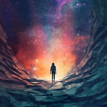 Abstract Unique Young Woman Standing In the Middle Of A Galaxy Crack