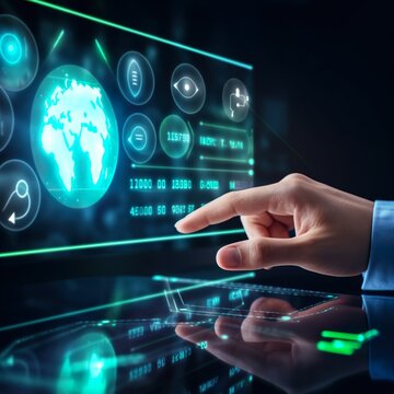 Entrepreneur hand point at digital screen dashboard while control and reduce carbon emission for global friendly business or ESG. Business with environment concern, carbon credit and zero emission