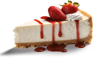 Strawberry cheesecake topped with strawberry sauce, whip cream and a few slices of strawberries, isolated on a white background with copy space