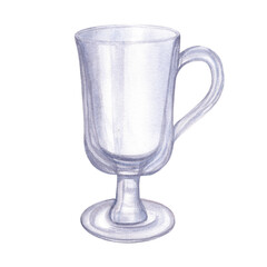 Empty Glass for drink isolated on transparent background. Watercolor hand drawn illustration of transparent Glassware for mulled wine. Hand drawn set for menu cards design