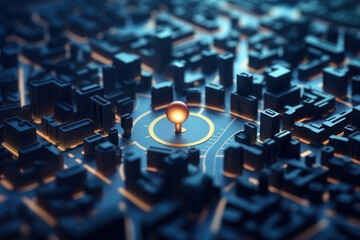 Mark on the map in the 3D city. AI generative.