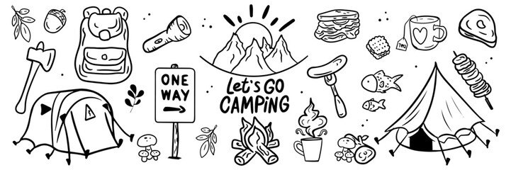 Hand drawn camping and hiking elements in doodle style isolated on white background big set. Outline vector illustration. Icon set. Design for prints, poster, trip, travel card