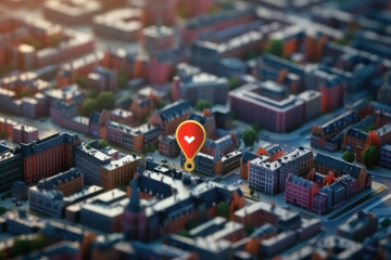Obraz premium Label with a heart on a map in a 3D city, geolocation. AI generative.